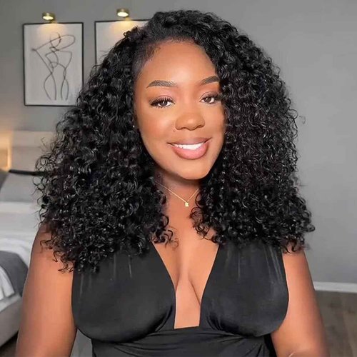 ISEE Half Wig Human Hair Glueless Wigs Upgrade 3 IN 1 Half Wig With Drawstring Seamless Clip Ins Flip Over Kinky Curly Human Hair No Glue No Lace For Women 180% Density 16 Inch