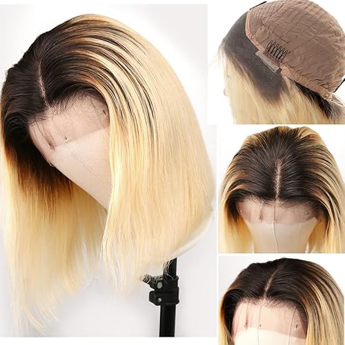 13x4 Hd Blonde Bob Lace Front Wigs Human Hair for Black Women,14" 150% Density Glueless Pre Plucked Ombre Blonde Straight Remy Brazilian Virgin Human Hair Wig with Baby Hair