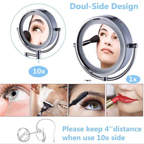 Cavoli Hardwire LED Lighted Wall Magnifying Mirror for Bathroom with 10x Magnification Sliver,9 Inch Round Surface 13" Extendable Arm Polish Chrome