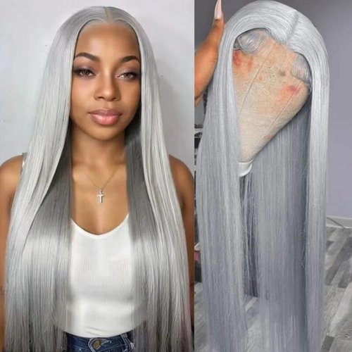 SOSEXY 20 Inch Grey Lace Front Wigs Human Hair Gray Colored Straight 13x4 HD Lace Frontal Wigs Human Hair Pre Plucked with Baby Hair Glueless 180% Density