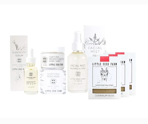 Little Seed Farm Geranium Rose Bundle - Moisturizer + Soap + Elasticity Serum + Facial Mist Toner