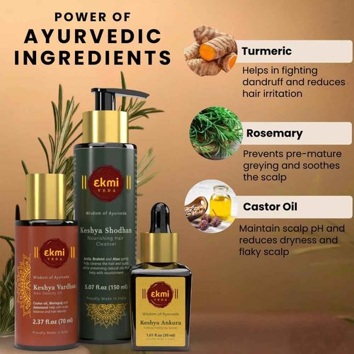 EKMIVEDA Hair Growth Set With Ayurvedic Herbs- Amla, Bhringraj, Castor, Rosemary For Hair Growth. Sulfate Free Hair Thickening Product,3 Pcs - Oil, Shampoo & Serum, 8.45 Fl Oz