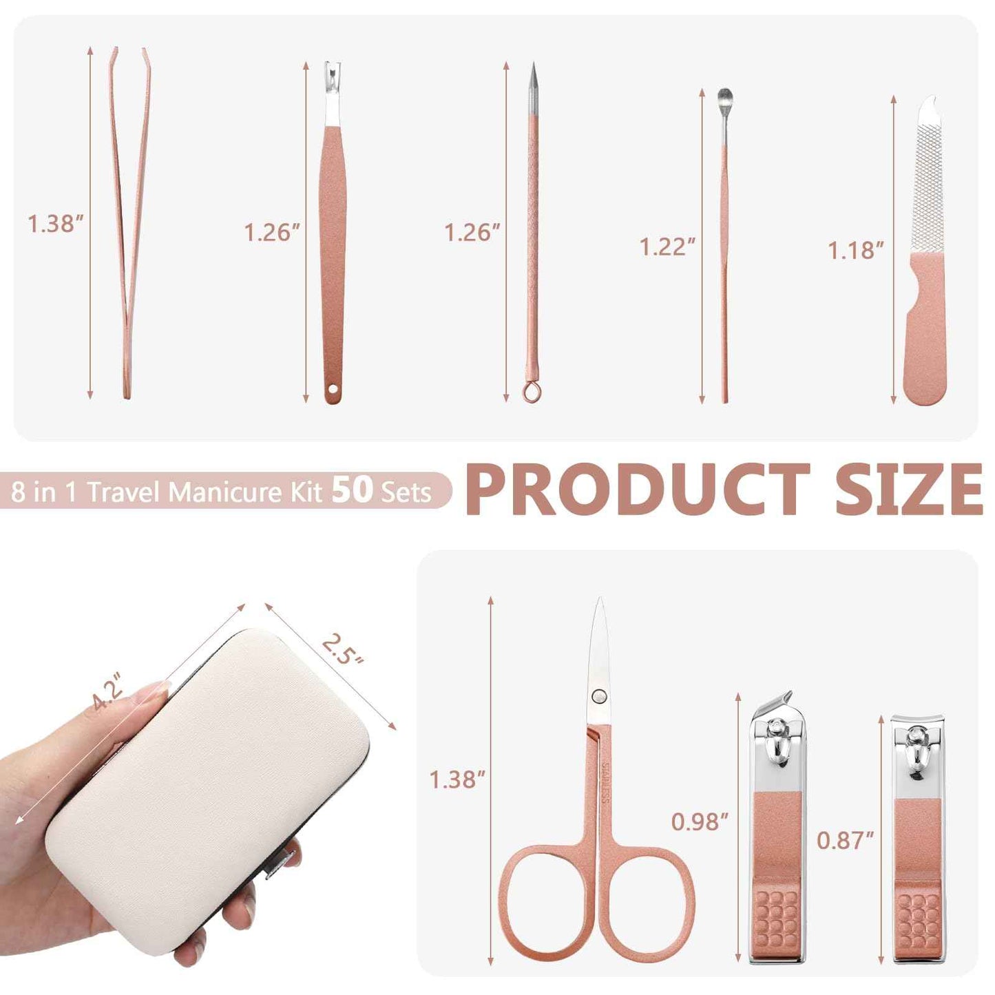 Geosar 50 Set 8 in 1 Travel Manicure Kit Bulk Professional Nail Clippers Pedicure Nail Care Tools Grooming Stainless Steel Set with Portable Travel Case, Gift for Christmas Men Women(Rose Gold)