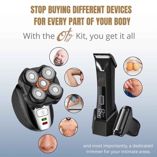 OTY Kit Get It All – Head Shaver & Body Trimmer for Men | Bald Groomer + Special Intimate Trimmer, Waterproof Cordless 8-in-1 Complete Grooming Kit