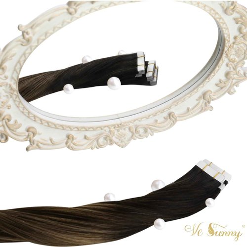 Ve Sunny 2Packs 75G Black Ombre with Dark Brown to Ash Brown Balayage Tape in Human Hair Extensions 18inch