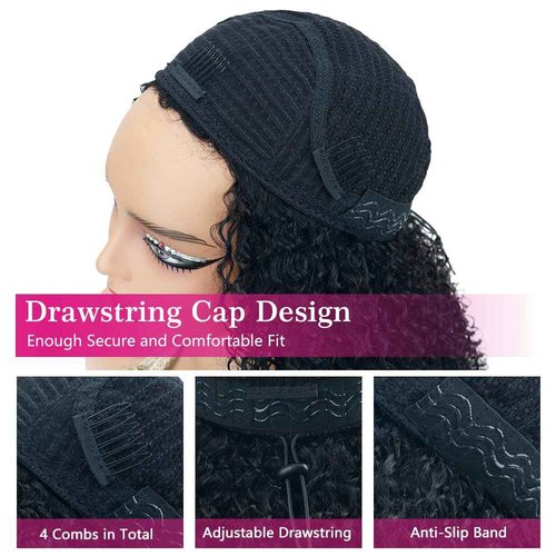 Legendhair Wear & Go Glueless Wigs Human Hair Afro Kinky Curly Human Hair Half Wigs for Black Women Seamless Kinky Curly Bob Pixie Cut Wig Drawstring Full Head Clip in Half Wig 200% Density 14 Inch