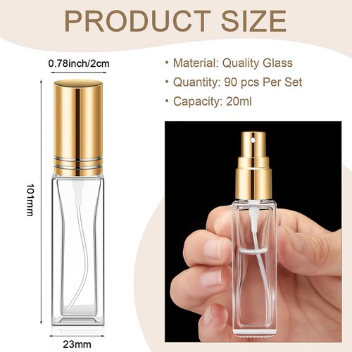 Domensi 90 Pcs 20 ml Empty Glass Perfume Bottles Bulk - Gold Refillable Cologne Spray Atomizer with Pump, for Travel, Skincare, Haircare, Cleaning & DIY Essentials