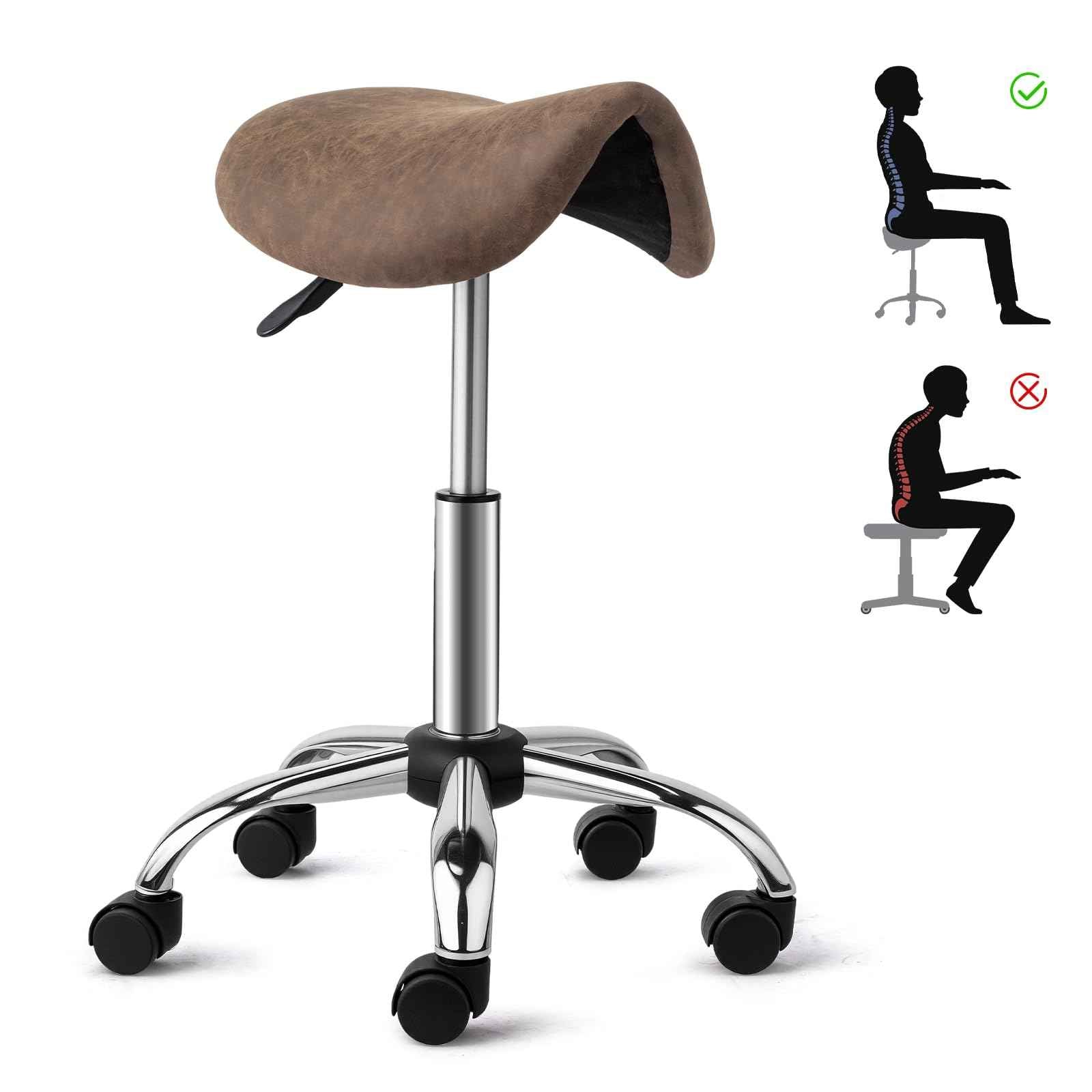 OmySalon Saddle Stool Rolling Chair, Ergonomic Saddle Chair with Swivel Wheels, Adjustable Hydraulic Stylist Cutting Stool for Salon Tattoo Massage Office Medical, Walnut