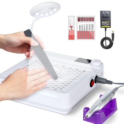 SAVILAND 3-in-1 Nail Dust Collector – Powerful Nail Vacuum Fan with Efile Nail Drill Lighting Lamp Reusable Filter Dust Collector Extractor for Manicure Nail Art Equipment Acrylic/Gel Nails Removal