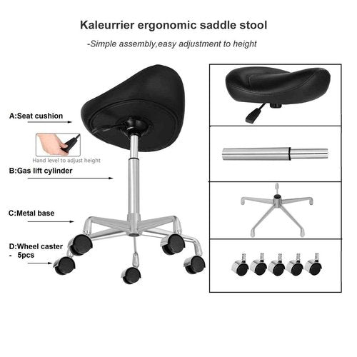 Kaleurrier Ergonomic Rolling Swivel Saddle Stool with Wheels,Hydraulic Pneumatic Lifting Height Adjustable Lightweight Chair for Clinic Hair Salon Massage Lab Kitchen Home Office (Black, Without Back)