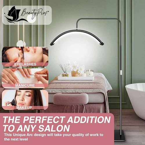 BeautyPros Lash Light - LED Half Moon Lamp - Eyelash Tech, Makeup Studio & Salon Light - Adjustable Brightness Warm to Cool (White, 26 Inch)