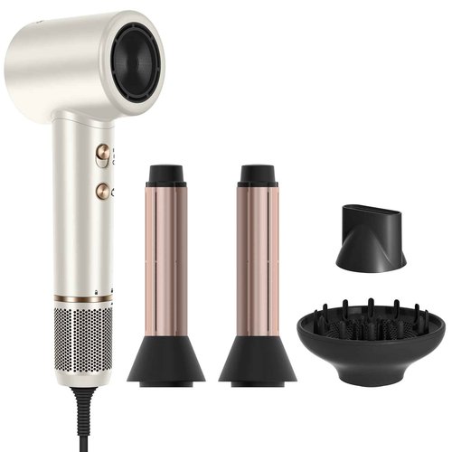 PARWIN PRO BEAUTY Air-Sonic Hair Dryer with Diffuser, HD-LED Display & 110, 000 RPM High Speed Ionic Blow Dryer, 1 1/4 Inch Left & Right Air Auto-Wrap Curlers, Champagne Silver Professional Version