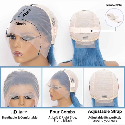 Hihmarm Blue Lace Front Wig Human Hair 13x4 Hd Lace Front Wigs Preplucked 16 Inch Glueless Wig Natural Hair Line 180% Density Straight Human Hair Wigs For Black Women Frontal Wigs Human Hair