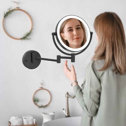 8" Wall Mounted Lighted Makeup Vanity Mirror with 3 Color Lights Stepless Dimming, 1X/10X Magnifying LED 2-Sided Bathroom Touch Sensor Extendable Arm 360 Swivel Shaving Mirror Hardwired, Matte Black
