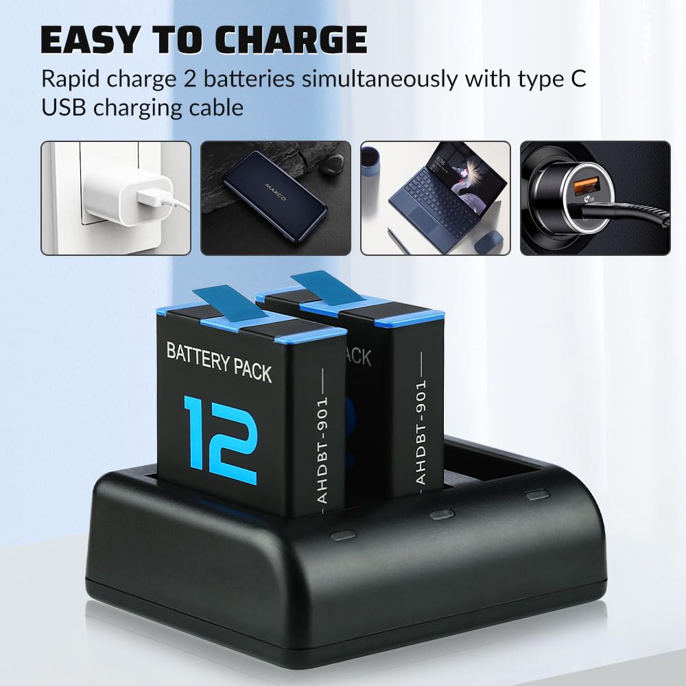 2-Pack 1800mAh Batteries for GoPro Hero 12 11 10 9, with USB Fast Charger and Protection Case, Perfectly Compatible with GoPro Hero 12 11 10 9 Black
