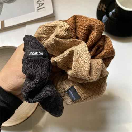 Scrunchies for Women's Hair 3Pcs Brown Camel Black Knit Scrunchies for Long Thick Curly Hair Ultra Textured Soft Hair Bands Neutral Scrunchie Cute Ponytail Holders No Damage Elastic Hair Ties