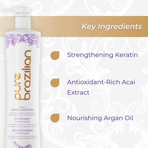 Pure Brazilian Always Blonde Conditioner with Keratin, Acai & Argan Oil, Purple Conditioner for Color-Treated Hair, Sulfate-Free, 33.8 Fl Oz