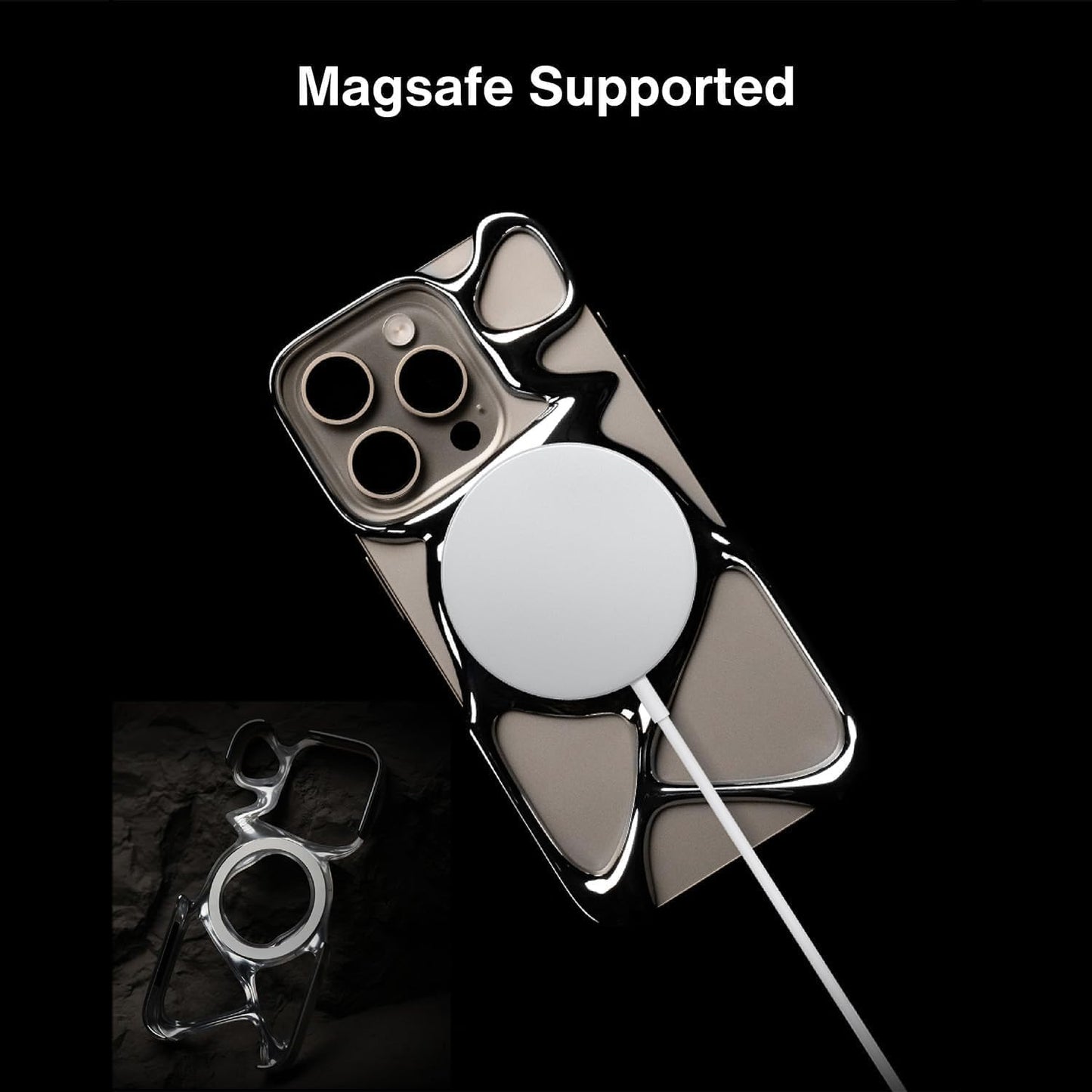 Angry miao Emptiness Phone Case for iPhone 16 Pro Max, MagSafe Compatible, 22g Lightweight, Heat Dissipating, Ample Protection, Shiny Silver+Blue