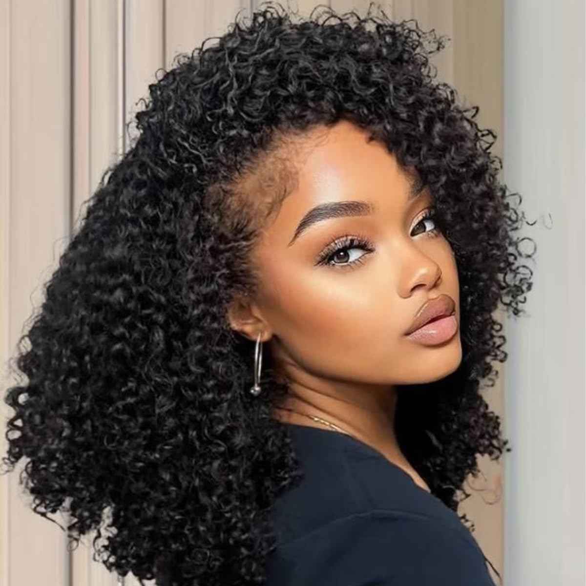 Kinky Curly Half Wig Human Hair 200% Density 3 In 1 Seamless Flip Over Half Wigs Human Hair Glueless Wear and Go Beginner Friendly Kinky Curly Wig Human Hair Drawstring Headband Wig for Women 18 Inch