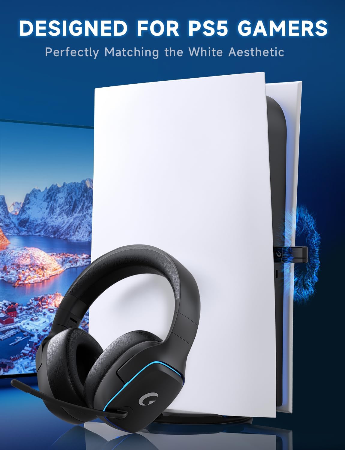 2.4GHz Wireless Gaming Headsets for PS5, PS4, PC, Switch - Bluetooth 5.3 Gaming Headphones with Noise Canceling Mic, 7.1 Surround Sound, 70H Battery, Blue Lighting - White