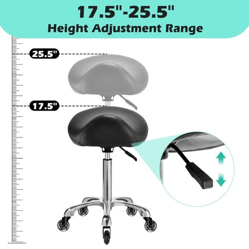 Ergonomic Saddle Stool with wheels - Upgraded Thicker Leather Seat Cushion, Healthy Posture Correction, Silky Smooth Gliding, Adjustable Rolling Saddle Stool Chair for Salon Medical Massage, Black
