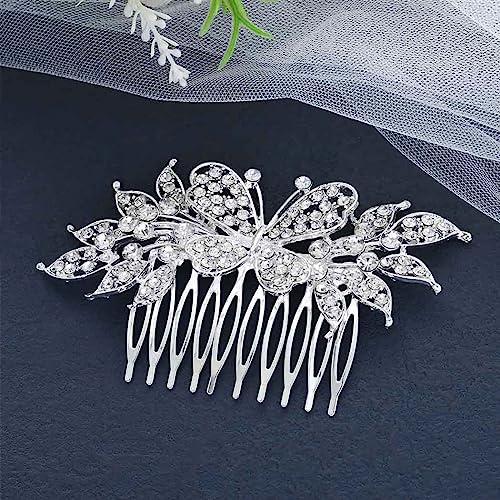 Foyte Crystal Wedding Hair Comb Rhinestone Bride headpiece Silver Butterfly hair piece Leaf Side Hair Combs for Women and Brides