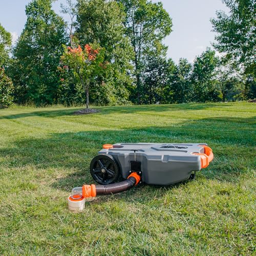 Camco Rhino 28-Gallon RV Tote Tank - Features Large Heavy-Duty No-Flat Wheels & Built-in Gate Valve - Removable Steel Tow Adapter, 3’ Sewer Hose & More RV Accessories (39004)