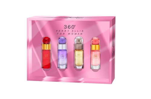 Perry Ellis 360° Women's Mini Gift Set - 360° Women, 360° Coral, 360° Purple, 360° Red (4-Pack of .25 fl oz EDP mini Travel Sprays) - Fresh, Fruity, Floral