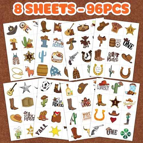 96PCS First Rodeo Pre-cut Temporary Tattoos 8 Sheets Cowboy 1st Party Decorations Favors Supplies Western Theme Birthday Cute Stickers Christmas Gifts Boys Girls Class School Prizes (Normal)