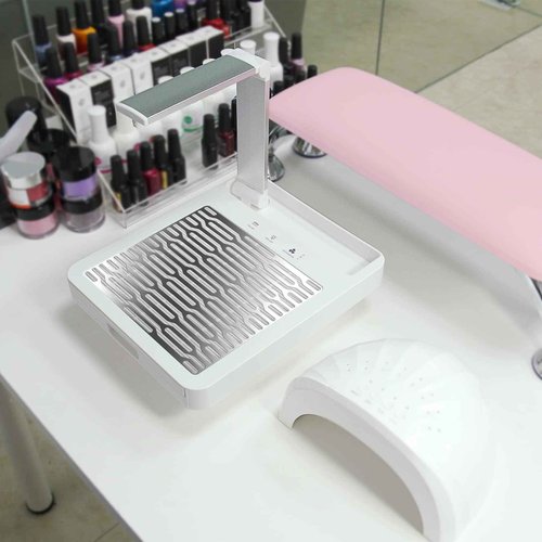 Nail Dust Collector with Lamp, Professional Nail Vacuum Dust Collector Suction Extractor Fan Manicure Machine for Acrylic Nail Gels Dip Removal, White