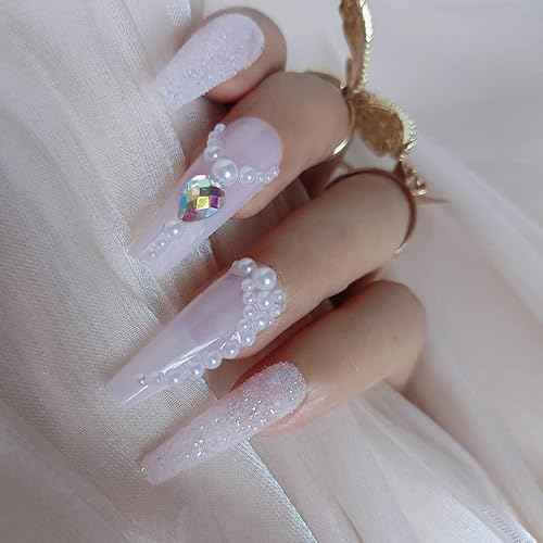 24Pcs Pearl Pink Press on Nails Long Fake Nails Acrylic Ballet coffin Design Nails for Women and Girls False Nails
