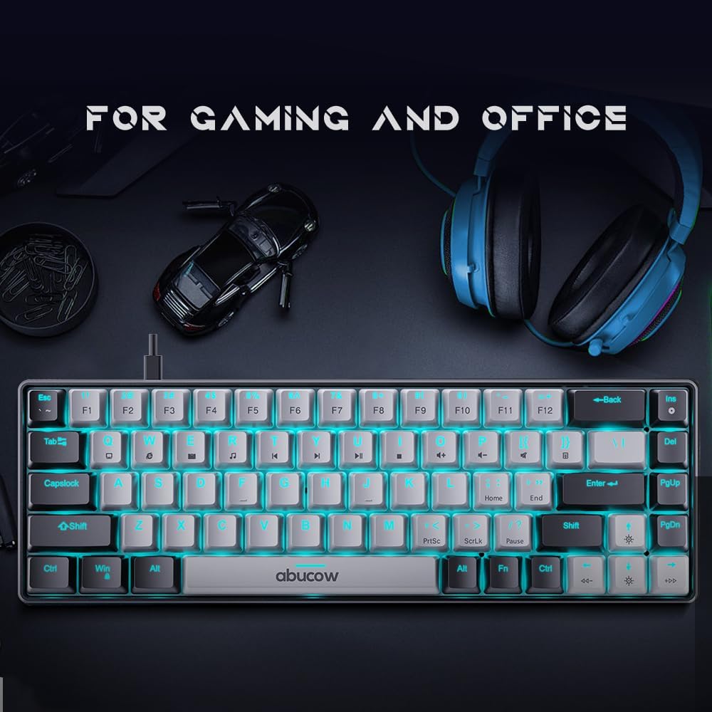 abucow 60% Mechanical Keyboard with Blue Backlight 68-Key Gaming Keyboard Gray-Black Keycaps - Red Switches for a Premium Typing and Gaming Experience PC Mac (Gray-Black)