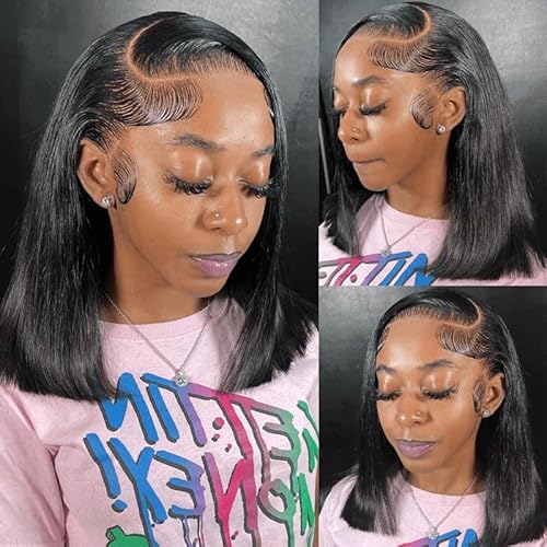 Bob Wig Human Hair 13x4 Frontal Lace Wigs Transparent Lace Short Bob Lace Front Wig Natural Black Pre Plucked Hair Extrenstion with Baby Hair (13X4 NC BOB, 14 INCH)