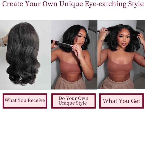 Bob Wig 13x4 Body Wave Lace Front Human Hair Wig 180% Density Natural Black Pre Plucked With Baby Hair for Black Women 16 Inch