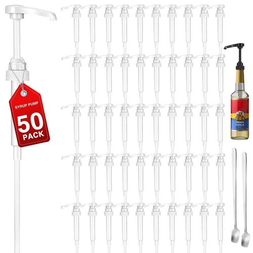 50 Pcs White Coffee Syrup Pump Dispenser, Compatible with 25.4 Oz/750ml Bottles, Great for Home & Coffee Bar Drinking Mixes, Tea, Beverage, Cocktails, Plus Spoons