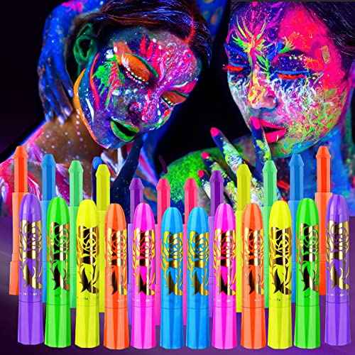 12 PCS Glow Face Body Paint, Glow In The Dark Under UV Black Light Sticks Makeup Neon Face Painting Kits for Adult Halloween Festival Accessory Glow Party Supplies