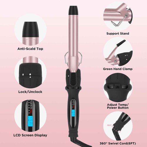 Curling Iron with Clamp PARWIN PRO BEAUTY 7 in 1 Curling Wand Set 0.5 to 1.5 Inch Interchangeable Barrels Adjustable Temp. Negative Ionic, Travel Dual Voltage 60mins Auto Shut Off, Rose Pink
