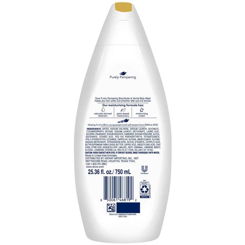 Dove Body Wash 6-Pack – Purely Pampering, Shea Butter & Warm Vanilla for Softer, Smoother Skin, 25.4 Oz Ea