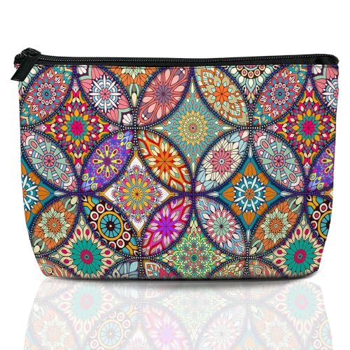 Boho Mandala Travel Makeup Bag,Vintage Flower Cosmetic Bags Small Waterproof Zipper Women Purse Mini Portable Traveling Organizer Pouch for Ladies Thanksgiving Gifts