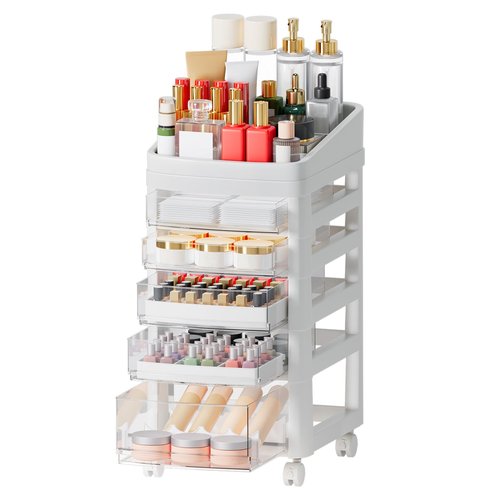 HamRoRung 5 Tier Floor Makeup Organizer Storage with Detachable Compartments, Organized Arrangement, Transparent Standing Makeup Organizer, Makeup Storage Cart, No Complex Assembly