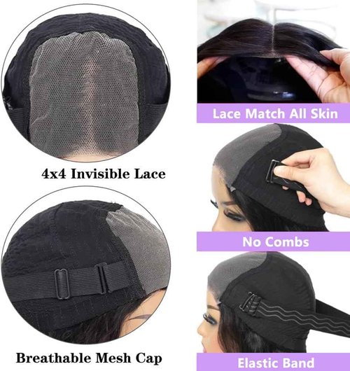 Wear and Go Glueless Wigs Human Hair Pre Plucked Pre Cut Body Wave Bob Wig for Black Women 4x4 Lace Closure Glueless Wigs Black Wig Bleached Knots 180% Density 12 Inch