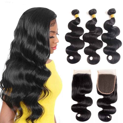 Body Wave Bundles with Closure Brazilian Human Hair 3 Bundles with Closure(18 20 22+16) Body Wave 100% Unprocessed Virgin Hair Bundles with 4x4 Lace Closure Free Part Natural Color Body Wave