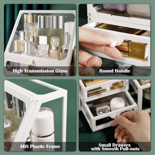 Haoh Glass Makeup Organizer Multi-Functional with Pearl Makeup Organizer with Drawers for Bathroom Vanity Organizer Skincare Lipstick Brushes