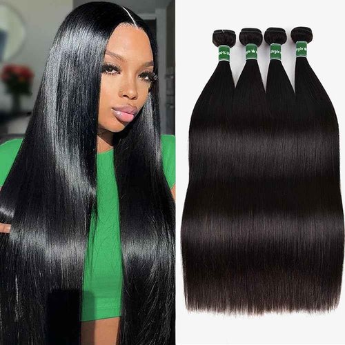 Afeier Straight Bundles Human Hair 20 22 24 26 Inch Straight Hair 10A Double Weft Hair Extensions for Women 4 Bundles Deals 100% Unprocessed Virgin Human Hair Natural Black