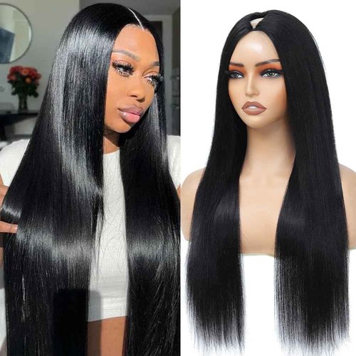 Aolvoblees V Part Wigs Human Hair Straight Minimal/No Leave Out Upgrade U Part Wig for Black Women 200% Density No Lace No Glue No Sew Clip in Half Wig Natural Black 26 Inch