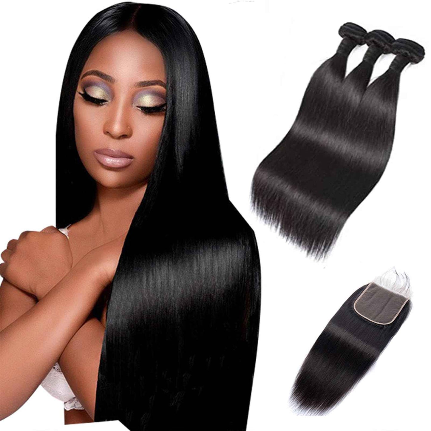 Human Hair Bundles with Closure Straight Bundles Human Hair with Lace Closure 22 20 18 +16 inch 5x5 Lace Closure Straight Human Hair 3 Bundles Hair Extensions for Woman