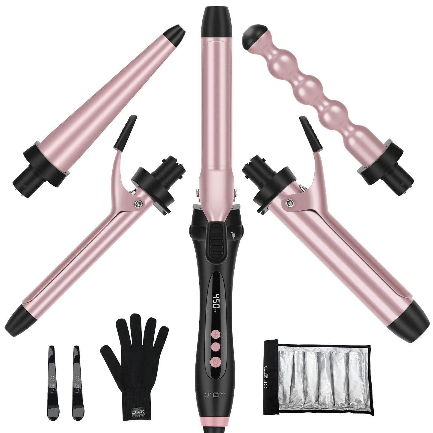 Prizm Pro Clamp Curling Iron Set,5 Interchangeable Barrel Curling Wand,Hair Wand 11 LCD Adjustable Temp,0.6 to 1.25 Inch,Bubble Wand,Tapered Curling Iron Travel Dual Voltage Rose Pink