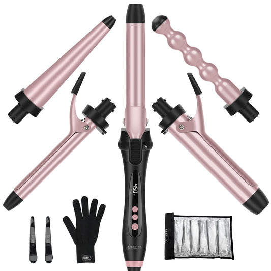 Prizm Pro Clamp Curling Iron Set,5 Interchangeable Barrel Curling Wand,Hair Wand 11 LCD Adjustable Temp,0.6 to 1.25 Inch,Bubble Wand,Tapered Curling Iron Travel Dual Voltage Rose Pink