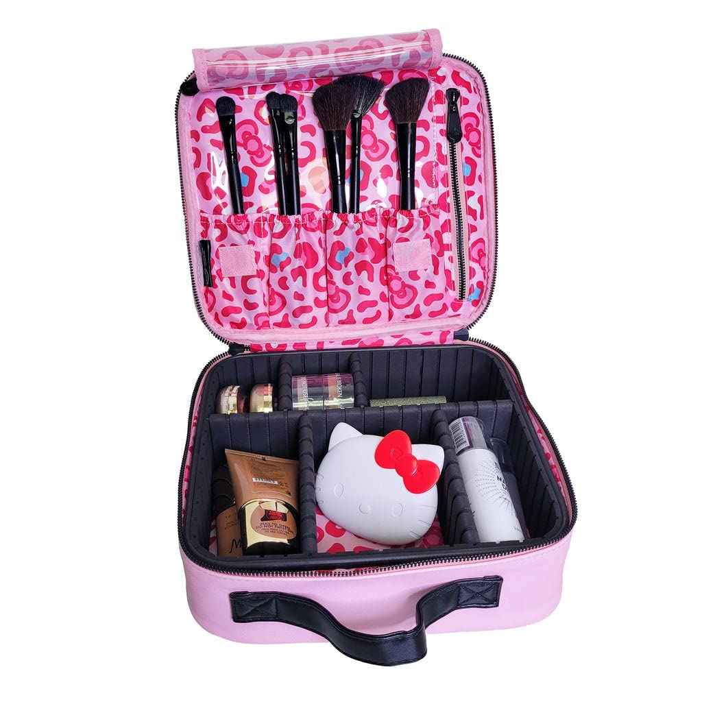 Impressions Vanity Hello Kitty Cosmetic Bag with Faux Leather, Travel Toiletry Bag with Inside Zipper Pockets, Waterproof Reusable Large Cosmetic Makeup Vanity Organizer(Pink Animal)