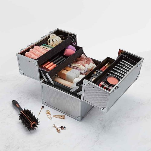Conair Makeup Beauty Case - Cosmetic Case with Expandable Shelves and Locking Latch - Professional makeup case - Silver Diamond - London SOHO New York by Conair